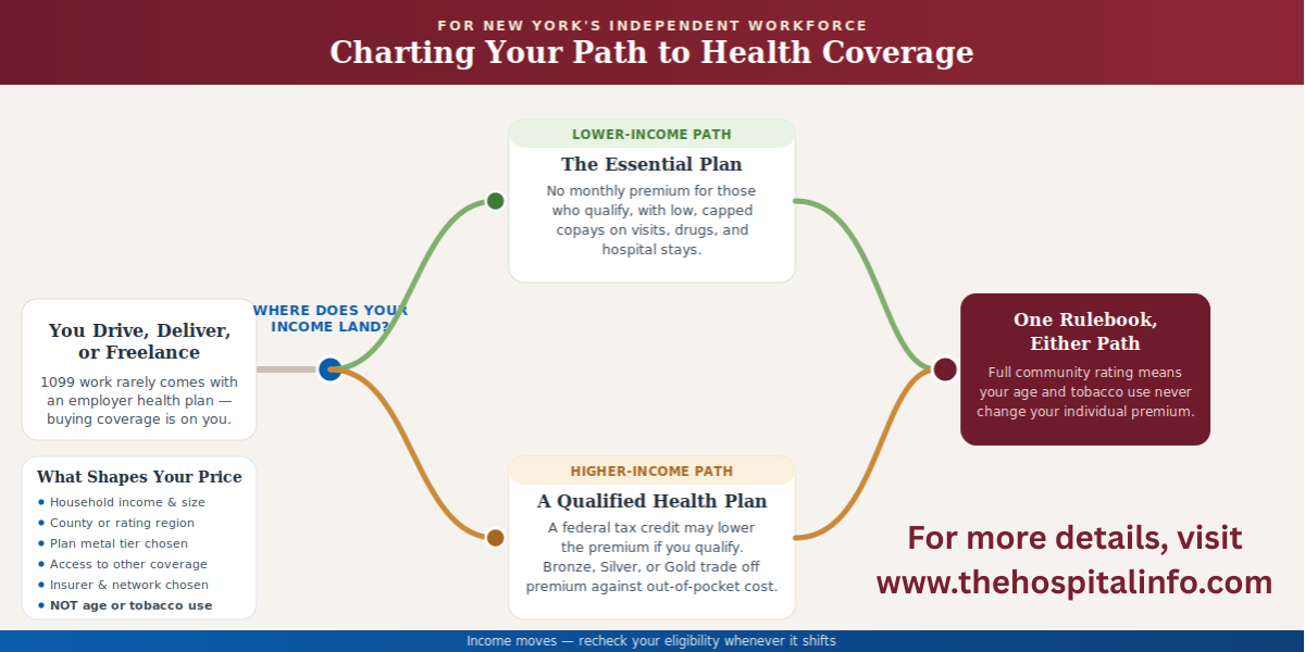 Infographic chart showing health insurance paths for NY gig workers including Essential Plan and Qualified Health Plan under NY community rating laws.